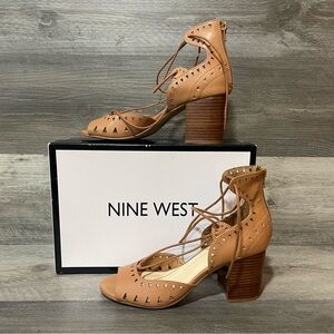 Nine West Janello Lace Up Block Heel Sandals Womens 8.5 Tan